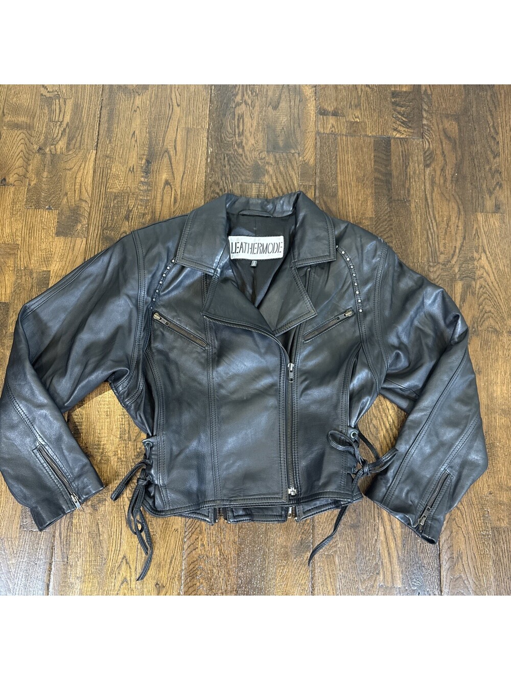 Leathermode Women’s Black Leather Moto Jacket Small (Size 8) Cropped Lace Up